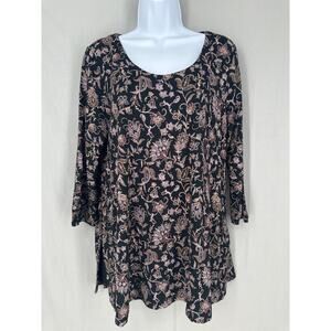 J Jill Top Womens Medium Black Floral Boho Tunic Stretch Flowy Bohemian Comfy
